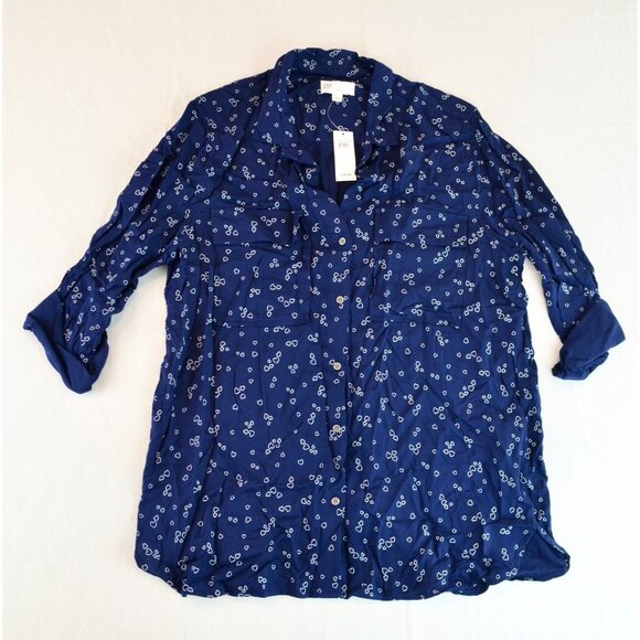 GAP Print Utility Drapy Boyfriend Shirt Tiny Heart White Blue New Large - Picture 5 of 7
